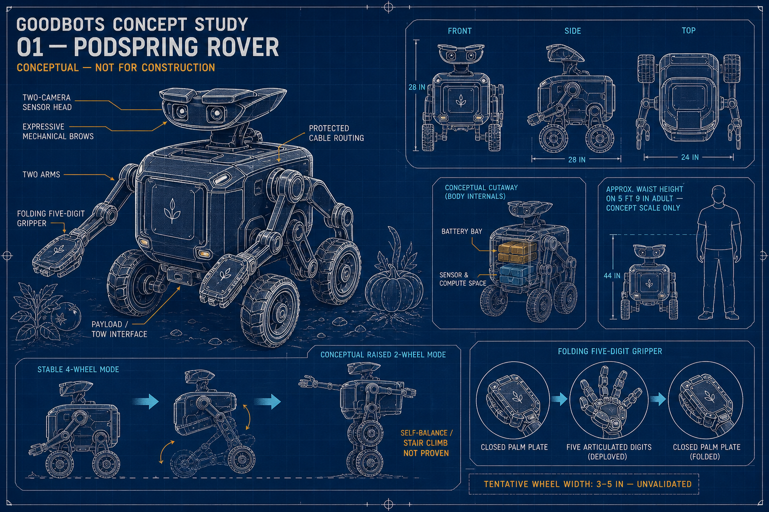 Goodbots Concept Study 01: Podspring Rover. A blueprint style concept sheet showing orthographic views, gripper details, and mode studies. Conceptual and not for construction.